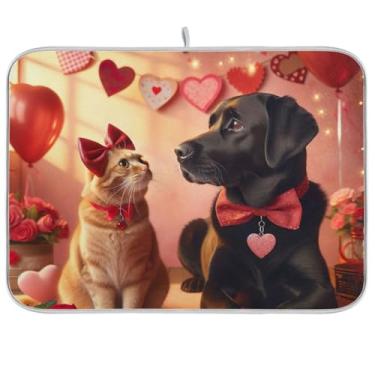 Imagem de Valentine Pets Tapetes de secagem de pratos vermelhos para balcão de cozinha, 45,7 x 61 cm de microfibra, escorredor de pratos, tapete reversível para balcão de cozinha, decoração de casa de férias