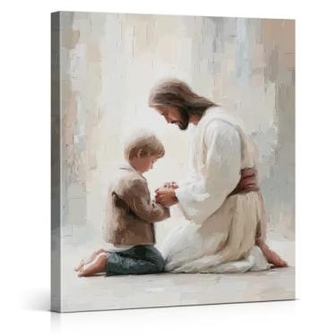 Imagem de Impressão de arte de parede de Jesus cristão e criança vintage menino rezando Jesus pintura em tela arte religiosa decoração de parede para casa, sala de estar, igreja, 20 x 25 cm emoldurada