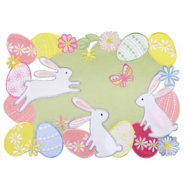 Imagem de Jogo americano de Páscoa, conjunto de 4 coelhos bordados, ovos verdes coloridos, flores de primavera, margarida, grama, sálvia, decorações sazonais para mesa de café de jantar