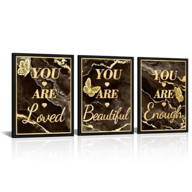 Imagem de LevvArts Arte de parede inspiradora em mármore preto e marrom dourado imagens You Are Loved Beautiful Enough Painting Prints with Butterfly Decor