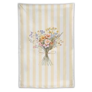 Imagem de Tapeçaria de parede boho buquê de flores silvestres vintage bege listrado decoração botânica casa de campo tecido estético para pendurar para quarto, dormitório, espaço de estar, apartamento