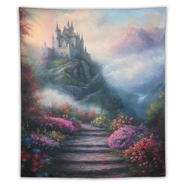 Imagem de Tapeçaria de parede para escada, castelo de montanha mágica, fantasia, penhasco, vale, paisagem, arte, para sala de estar, quarto, dormitório, apartamento, Fairycore, boho, aventura, decoração