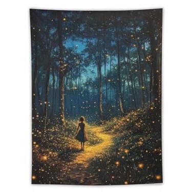 Imagem de Tapeçaria de parede Woman In Firefly Forest Path Encanting Night Nature Decor Starry Sky Art For Bedroom Living Room Magic Boho Style Hanging Decor Cozy Whimsical Accent, tapeçaria 152 x 203 cm