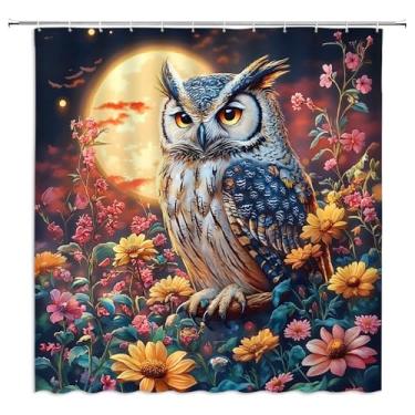 Imagem de Cortina de chuveiro de coruja rústica vida selvagem lua cheia com suporte de pássaro ramo fantasia vista noturna amarelo rosa flor folha animal selvagem tecido poliéster conjuntos de cortinas de