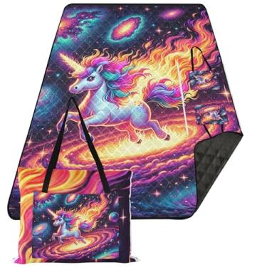 Imagem de TSENQUE Lindo unicórnio fogo espaço galáxia tapete de piquenique cobertor bonito à prova de areia cobertor de praia impermeável grande tapete de brincar ao ar livre para grama 299.7 cm x 203.2 cm