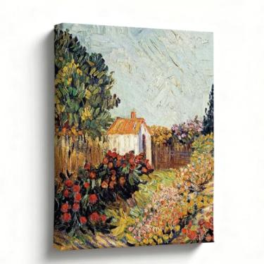 Imagem de Arte de parede de paisagem, pintura a óleo em tela, casa de campo com caminho de flores, arte de jardim colorido, decoração de parede de casa de fazenda rústica para corredor da sala de estar, 20 x 25