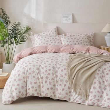Imagem de TISPLR Capa de edredom Queen Size floral macia de microfibra escovada, tecido de gaze enrugada, 3 peças, conjunto de cama floral para todas as estações, capa de edredom com fecho de zíper, luxuosa