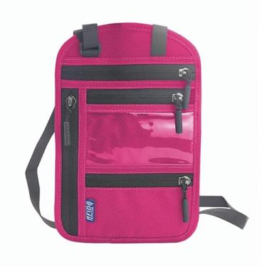 Imagem de Carteira de pescoço com bloqueio de RFID – Porta-passaporte com vários bolsos, bolsa de viagem de nylon, Vermelho rosa, Carteira de pescoço com bloqueio de RFID – Suporte para passaporte com vários