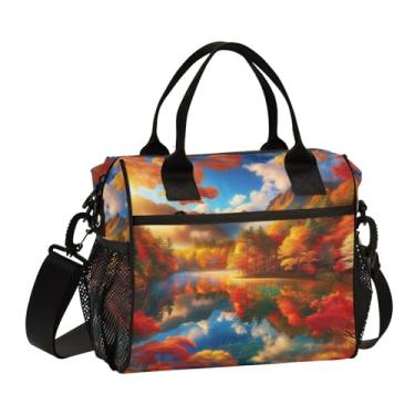 Imagem de GAIGEO Lindas lancheiras femininas com cenário de outono, lancheira grande com bolsos, lancheira de viagem, M