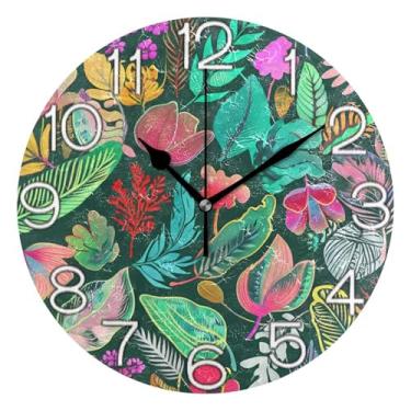Imagem de Relógio de parede analógico decorativo operado por bateria silencioso escritório relógio de cozinha, decoração de parede retrô moderna art déco folhas flores verdes, 25 cm, ponteiros pretos