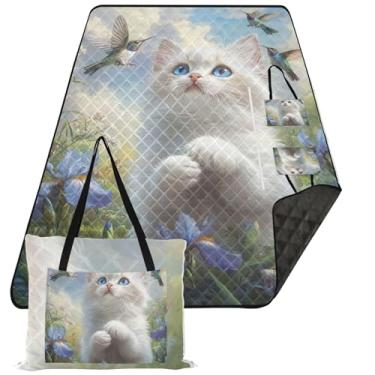 Imagem de TSENQUE Lindo cobertor de praia de gato Ragdoll beija-flores sem areia impermeável dobrável cobertor de piquenique bonito tapete de brincar ao ar livre para grama 299.7 cm x 203.2 cm