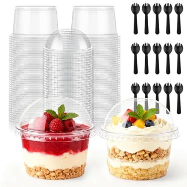 Imagem de MWELLEWM 50 peças de copos de plástico descartáveis de 227 g com tampas de cúpula, copo de sobremesa transparente, mini recipientes de aperitivo parfait para sorvete, bolo, frutas, pudim, dose de
