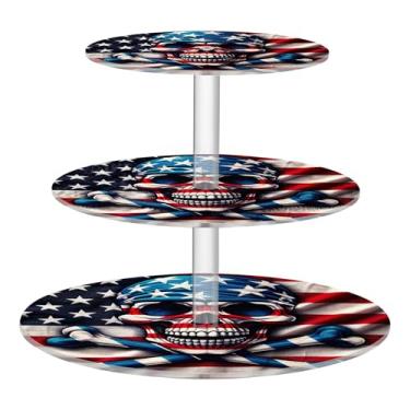 Imagem de Bandeira americana, crânio, pirata, 3 camadas, suporte de cupcake para festa, torre de bolo, exibição de acrílico, aniversário, casamento, sobremesa, decoração de mesa, cupcakes, organizador de comida