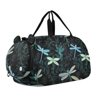 Imagem de Sacola de viagem com glitter rosa vibrante para meninas, bolsas de viagem para fim de semana, bolsa esportiva infantil para meninos, Libélulas estilizadas com folhas pretas, Clássico