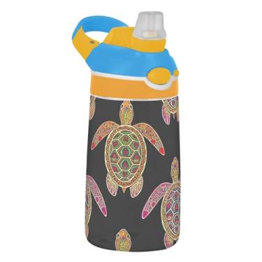 Imagem de Garrafa de água infantil colorida Tartarugas pretas escuras 473 ml garrafa de água de plástico portátil com tampa de canudo 473 ml copo infantil reutilizável à prova de vazamento, alça de transporte