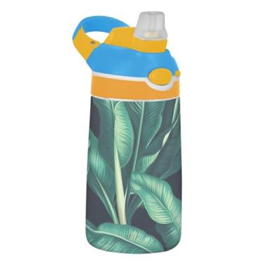 Imagem de Garrafa de água esportiva de 473 ml com canudo para crianças, meninas, meninos, garrafa de água portátil Tritan de 473 ml, copo infantil reutilizável à prova de vazamento, alça de transporte, folha de