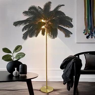 Imagem de Luminária de chão Feather - Design de palmeira com 3 temperaturas de cor, luminária alta com interruptor de pé para sala de estar e quarto, inclui 6 lâmpadas LED, decoração moderna preta.