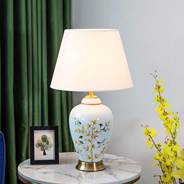 Imagem de Abajur de mesa grande em cerâmica com cúpula combinando - Abajur de cabeceira moderno chinês para quarto, com vaso pintado com flores e pássaros, luminária de mesa para quarto com acabamento