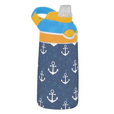 Imagem de Nautical White Anchors Garrafa de água infantil azul marinho 473 ml Tritan garrafa de água de plástico portátil com tampa de canudo copo infantil reutilizável à prova de vazamento, alça de transporte