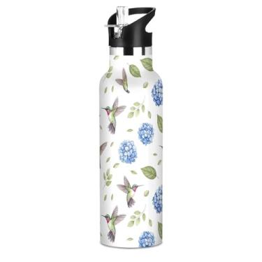 Imagem de Joisal Aquarela, pássaros, verdes, azuis, florais, garrafas de água de aço inoxidável à prova de vazamento, copos infantis isolados com tampa de canudo para bebidas quentes ou frias, 590 ml