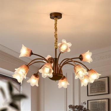 Imagem de OUFULA Lustre Moderno Para Sala de Estar Restaurante Quarto Villa Café LED Decoração Para Casa Francês Pastoral Criatividade Flor Pingente Lâmpada (B 12 luzes)
