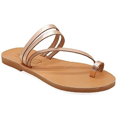 Imagem de Emmanuela Sandálias de dedo do pé estilo grego, sandálias planas de couro feitas à mão de qualidade, sapatos de verão para mulheres, sandálias deslizantes boho chiques, Ouro rosa, 38
