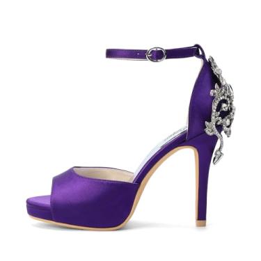 Imagem de Creativesugar Sandália feminina de cetim com salto alto plataforma de cristal nas costas com brincos grátis, Berinjela, roxo, 40