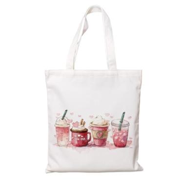 Imagem de Sacola de lona para mulheres, sacola de compras reutilizável, bolsa de ombro branca estética, presente de dia dos namorados para amantes de café, ilustração de bebidas rosa, compras, trabalho, escola