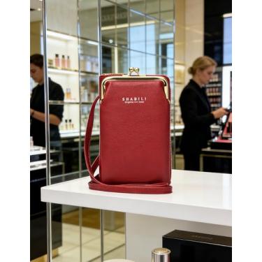 Imagem de Bolsa tiracolo feminina de couro vermelho, carteira com zíper multicamadas e bolsa de pulso