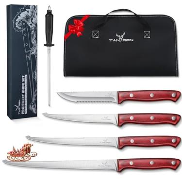 Imagem de TAN REN Conjunto De Facas Para Filé, 6 Peixe, Filé Aço Alto Carbono Escamar, Desossar, Filetar, Kit Pesca Com Vara Afiar E Bolsa
