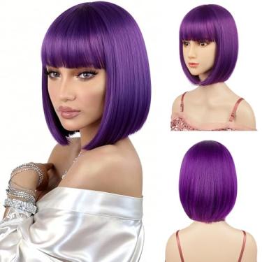 Imagem de Sarannala Perucas Bob roxo escuro com franja plana incluem touca de peruca de cabelo de fibra sintética resistente ao calor de 30 cm para todas as mulheres, crianças, adultos, fantasia de Halloween