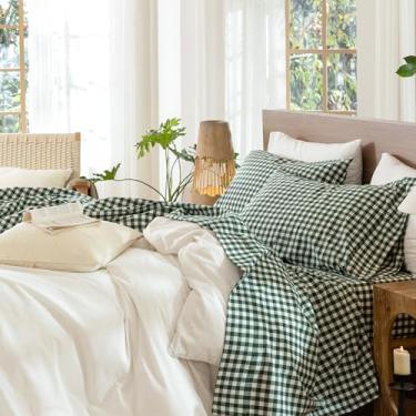 Imagem de MooMee Jogo de lençol guingão 100% linho de algodão lavado texturizado respirável macio com bolso profundo de 40 a 48 cm (verde floresta guingão clássico, Queen)