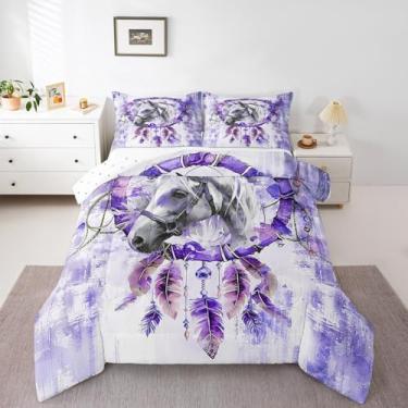 Imagem de Jogo de cama Queen com cavalo 3D, caçador de sonhos, boêmio, animais de fazenda, roxo, aquarela, pintura a óleo, estética