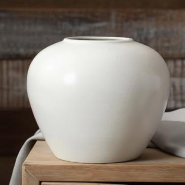 Imagem de Vaso redondo de cerâmica branca, minimalista nórdico japondi rústico vintage redondo moderno vasos grandes feitos à mão para mesa central, casamento, sala de estar, estante de livros, escritório, casa