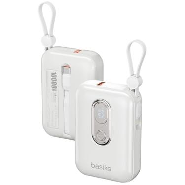 Imagem de Basike Power Bank 10000mAh, Carregador Portátil com Carregamento Rápido, USB-A (até 22,5W, QC) + USB-C (até 20W, PD) + 2 Cabos Integrados (USB-C e Lightning), Mini Portable Design – Bege Claro