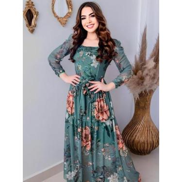 Imagem de Vestido de Tule Longo Soltinho Estampado Festa com Faixa e Manga - Fas