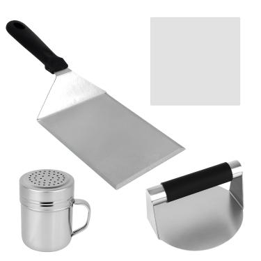 Imagem de Kit para Prensar Hambúrgueres, Inclui Placa Prensa em Aço Inoxidável Espátula Grelhar Saleiro Temperos e Papel para Hambúrgueres Utensílios Chapa Churrasco e Cozinha Ao Ar Livre