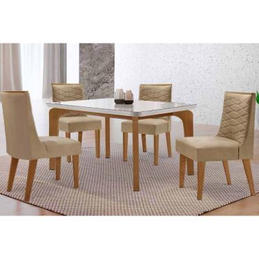Imagem de Sala Jantar Mesa Londrina Tampo c/ Vidro Curvo 120cm 4 Cadeiras Maldivas Madeira Naturale/Off White - Capuccino/Linho Bege - Rufato