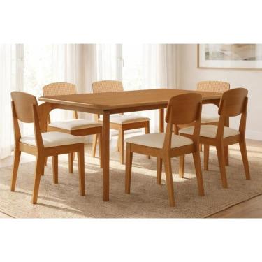 Imagem de Sala Jantar Mesa Londrina Tampo Curvo 180cm+6 Cadeiras Havana Naturale - Suede Creme - Rufato