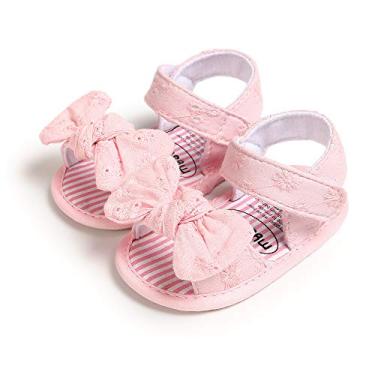 Imagem de GDSDYM Sandálias de verão para bebês meninas com laço de flor, sola macia, sapatos rasteirinhos, para recém-nascidos, primeiros andadores, berço, 07 Rosa, 12-18 Months Toddler