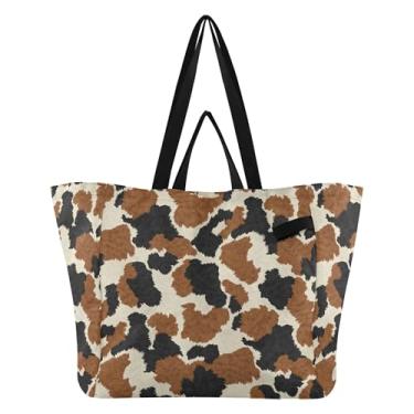 Imagem de SEHANY Sacolas de compras reutilizáveis com estampa de vaca marrom e branca com alças reforçadas, bolsa de compras de lona dobrável à prova d'água de grande capacidade para viagem, cozinha, praia