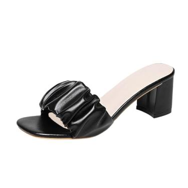 Imagem de Pantufas casuais femininas com salto médio e design dobrável, com cabeça de cor doce para usar no verão, Preto, 34