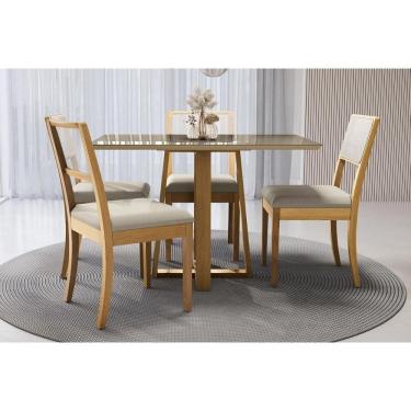 Imagem de Conjunto Mesa Elma Premium Madeira Maciça c/ Tampo Madeirado c/ Vidro 120x80cm e 4 Cade...