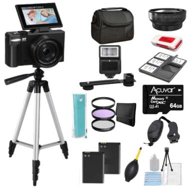 Imagem de Câmera digital 4K/5K – Câmera vlogging de 75 MP para YouTube, tela flip de 180°, zoom 18X, WiFi – Kit definitivo preto com cartão de 64 GB, tripé de 50 polegadas, estojo de transporte, lente macro