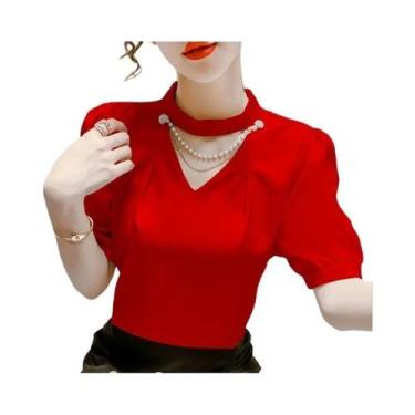 Imagem de Blusa Feminina Casual De Verão Com Manga Bufante, Gola O E Detalhes Em