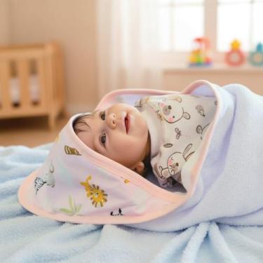 Imagem de Toalha de Banho Bebê Menina Safari Rosa Sonho Encantado Suave e Macia – Capuz Forrado em Fralda 70x70cm