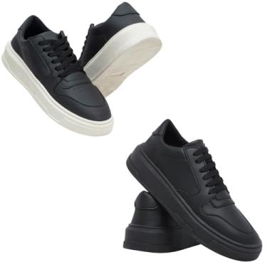 Imagem de Tênis Masculino Casual em Couro Ecológico, Sola Alta, Minimalista, Preto com Branco, Slip On, para Dia a Dia e Trabalho, Kit 2 Pares (Preto/off + Preto, BR, Adulto, Numérico, 38)