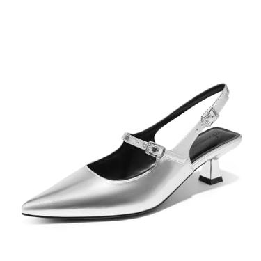 Imagem de Arromic Sapato feminino Mary Jane salto slingback bico fino salto baixo gatinho sapatos escarpim para trabalho casamento casual uso diário, Prata, 41