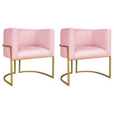 Imagem de Kit 02 Poltronas Decorativas Luna Base De Ferro Dourado Suede Rosa Bebê