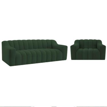 Imagem de Kit 1 Sofá 150cm 2 Poltrona Luxo Recepção Sala Elegance Linho Cor Verde